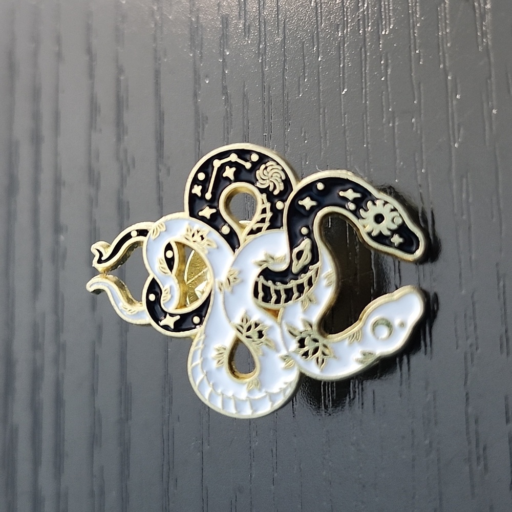 Snake Black and White and Gold Enamel Pin